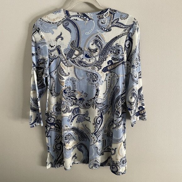 Chicos Womn 1 US M Blue Paisley Pima Cotton 3/4 Sleeves Classic Fit V-Neck Tunic - Picture 9 of 9
